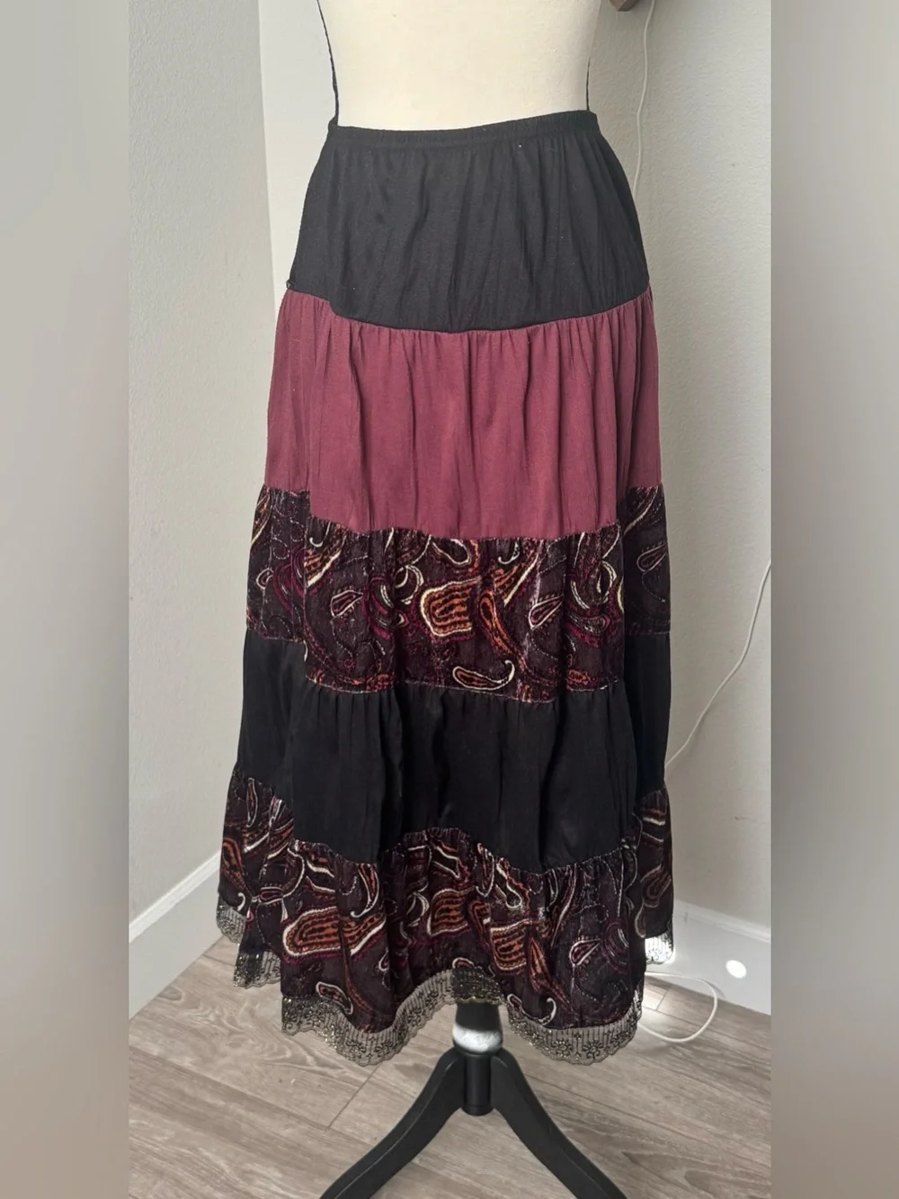 Vintage 90s FANG Whimsigoth Tiered Paisley Maxi Skirt Burgundy Black
